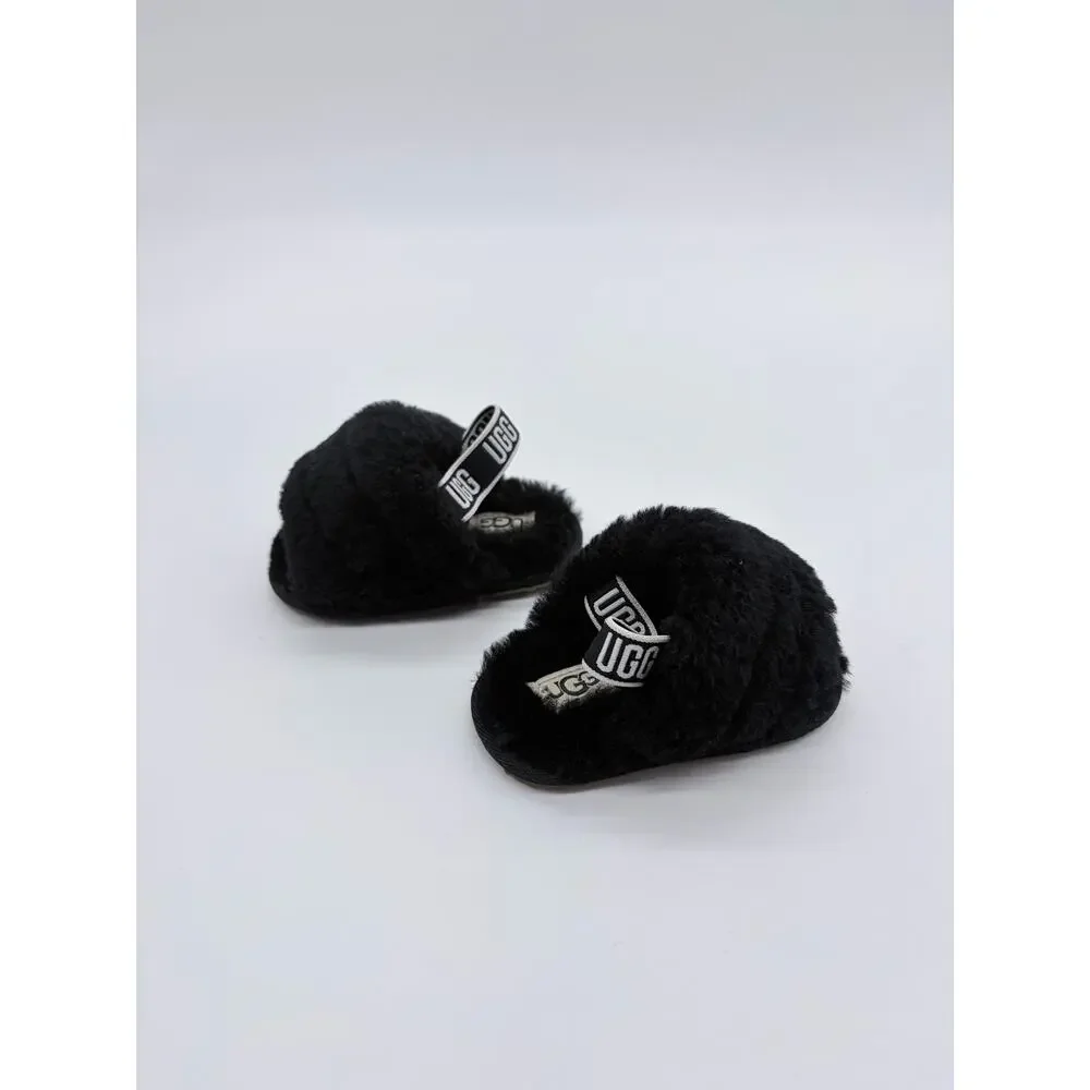 UGG Baby Girl Fluff Yeah Black Slides Pink First Steps Size 0-6 6-9 Month